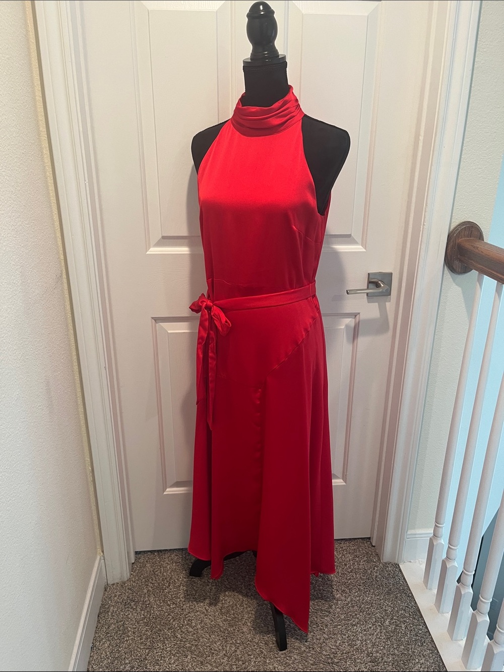 Vince Camuto Red Satin Halter High-Low Dress with Waist Tie Detail